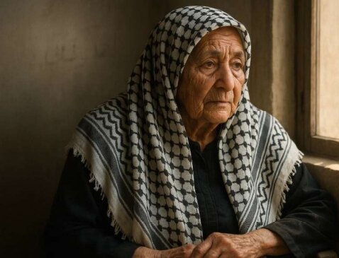 صورة ثابتة مولّدة بالذكاء الاصطناعي لامرأة مسنّة فلسطينية